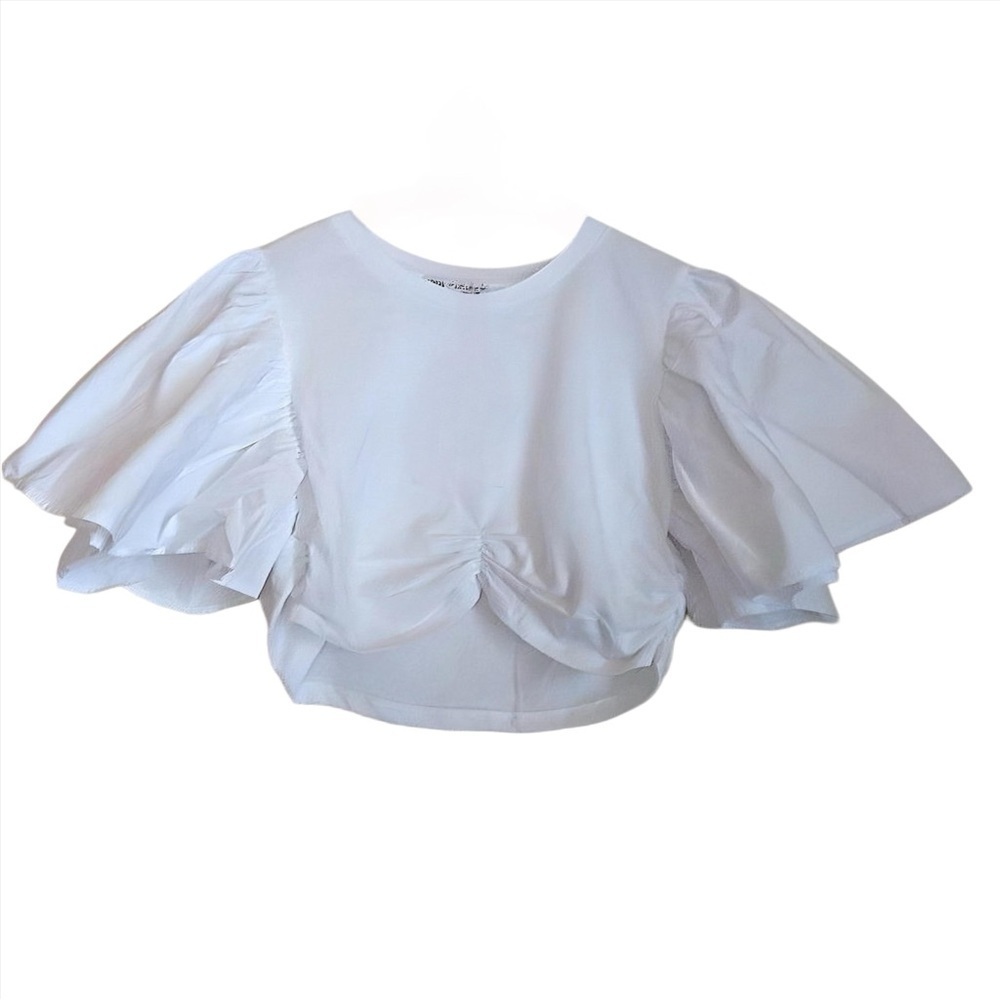 (NWOT) ZARA White Ruffled Crop Top | Puff Bell Sleeves Ruched Hem | Size Small - Picture 8 of 10